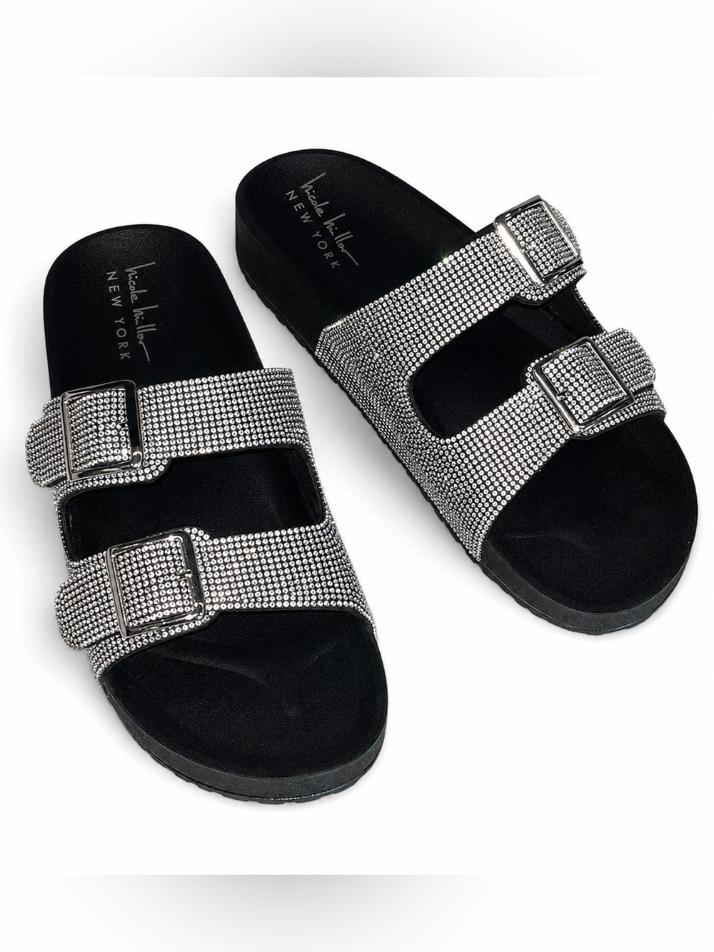 Nicole Miller NY Rhinestone Double Buckle Slide Sandals Silver Bling 41 US 10